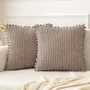 Pompom Tan Stripe Texture Corduroy Farmhouse Cute Luxury Soft Pillow Cover Set